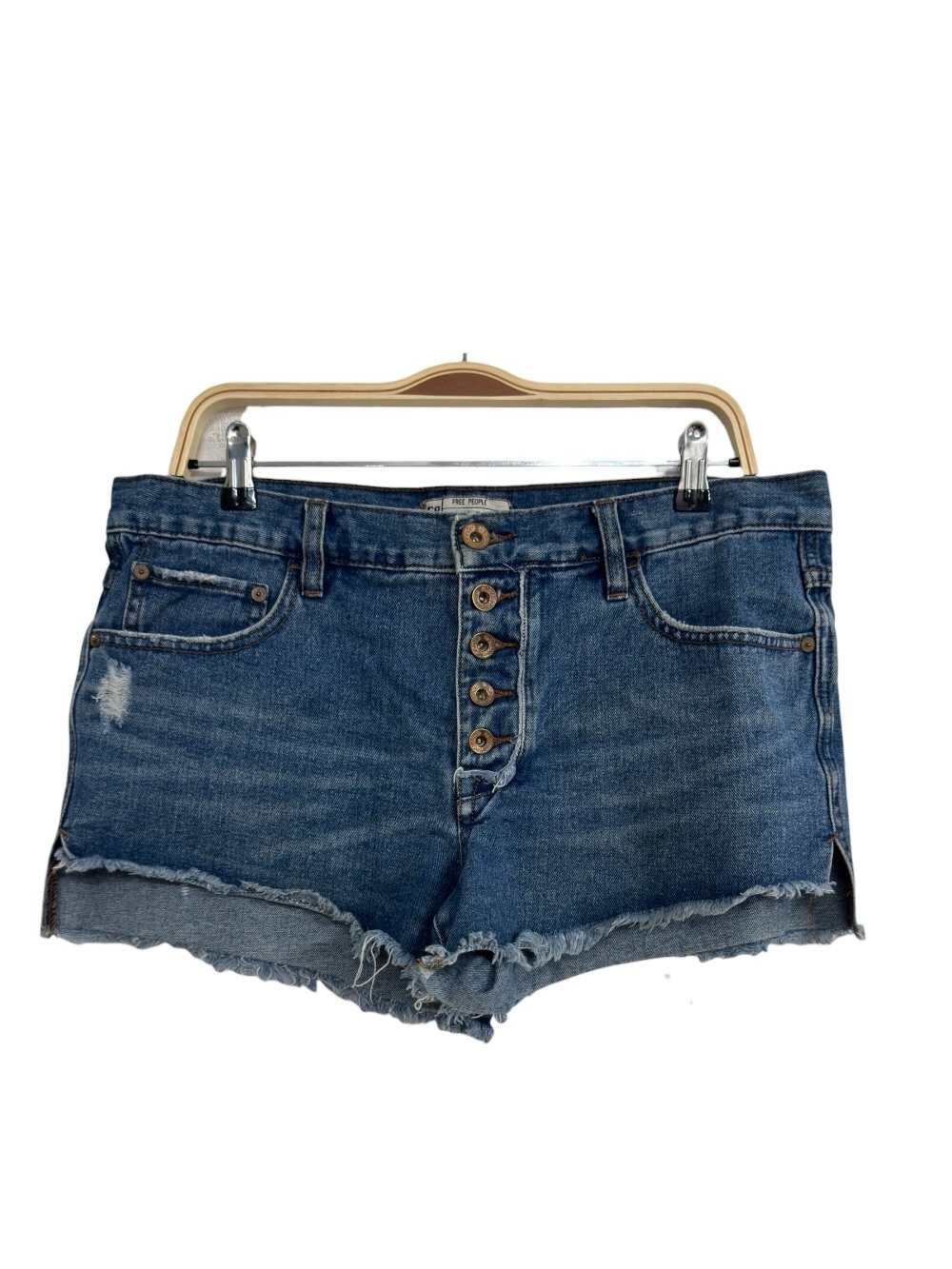 Free People Distressed Denim Cutoff Shorts Button Fly Blue Jean Shorts 29